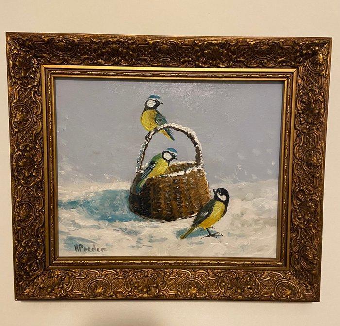 henk poeder - Vogeltjes in de sneeuw, Antiek en Kunst, Kunst | Schilderijen | Modern