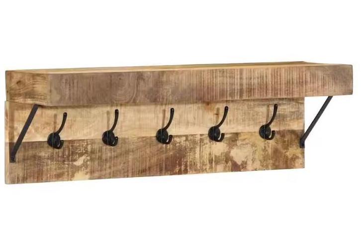Wandkapstok Mangohout – Metalen Rek met Plank en 5 Haken, Huis en Inrichting, Kasten | Wandmeubels, Nieuw, Verzenden