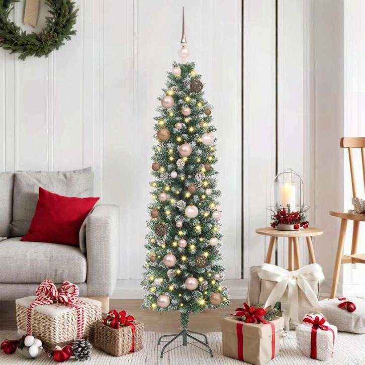 vidaXL Kunstmatige slanke kerstboom met 150 LED Groen 150 cm, Diversen, Kerst, Nieuw, Verzenden