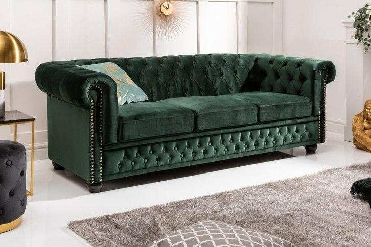 Chesterfield 3-zitsbank 205cm flesgroen fluweel met, Huis en Inrichting, Banken | Bankstellen, Ophalen of Verzenden