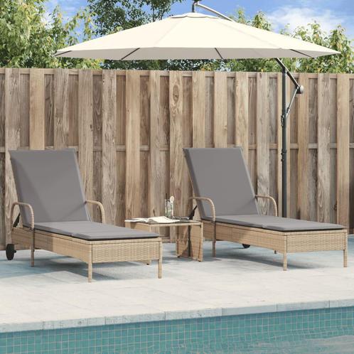 vidaXL Ligstoelen 2 st met kussens poly rattan beige, Tuin en Terras, Ligbedden, Nieuw, Verzenden