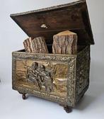 Turfkist / Houtkist op wielen - Kist - Koper - Hout, Antiek en Kunst