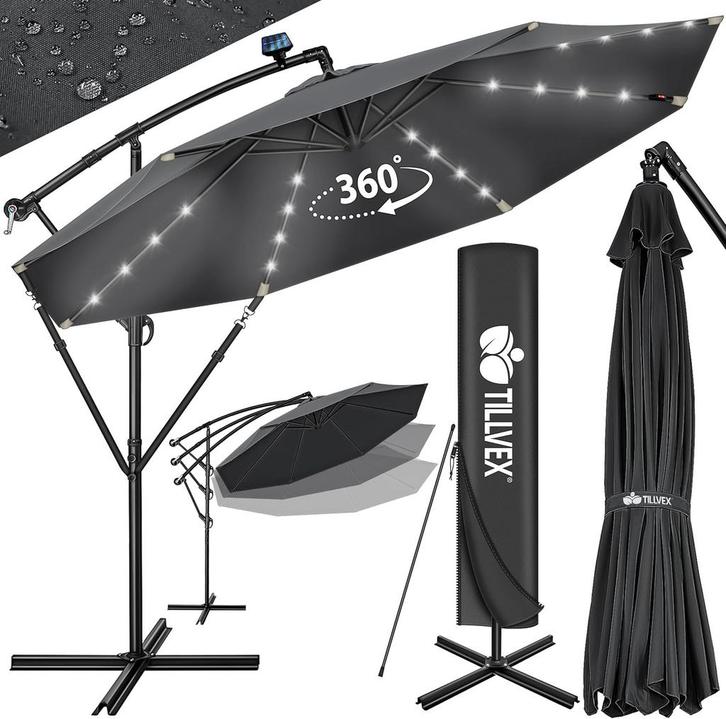 Tillvex® LED Parasol - Zweefparasol - Ø300cm - 360° Draaibaa, Tuin en Terras, Parasols, Zo goed als nieuw, Verzenden