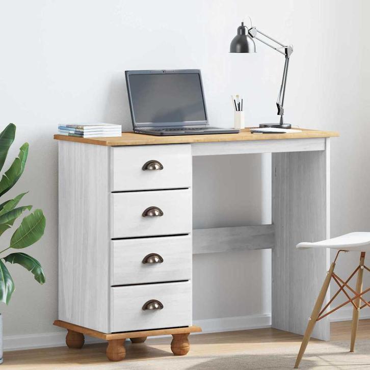 vidaXL Bureau met lade ASKIM Wit 95 x 40 x 75 cm Massief, Huis en Inrichting, Bureaus, Nieuw, Verzenden