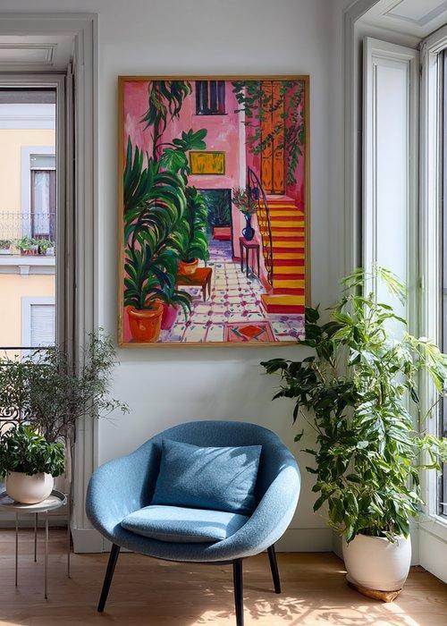 E. García - INTERIOR ROSA CON ESCALERA XL (NO RESERVE), Antiek en Kunst, Kunst | Schilderijen | Modern