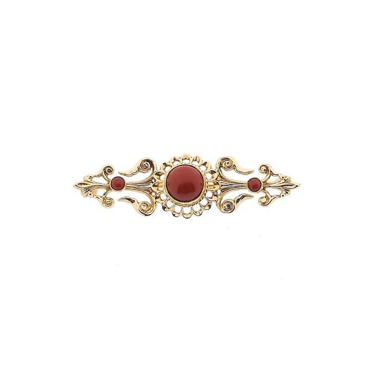 Gouden broche met bloedkoraal | Vintage/antiek (585), Sieraden, Tassen en Uiterlijk, Broches, Overige kleuren, Gebruikt, Met edelsteen