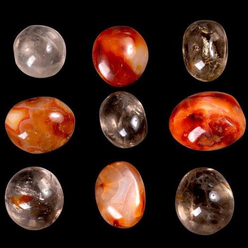 Mixlotto van gerookt kwarts en carneool agaat ocellata, Verzamelen, Mineralen en Fossielen