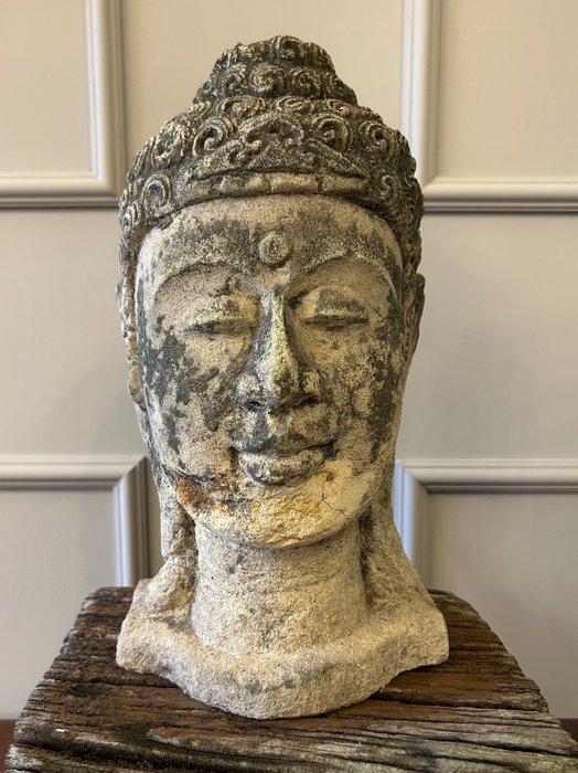 Testa di Buddha in Pietra Arenaria – Scultura Balinese H32cm, Antiek en Kunst, Kunst | Niet-Westerse kunst