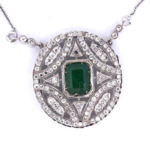 Hanger - 18 karaat Witgoud - 5.70ct. tw. Smaragd - Diamant -, Sieraden, Tassen en Uiterlijk, Antieke sieraden