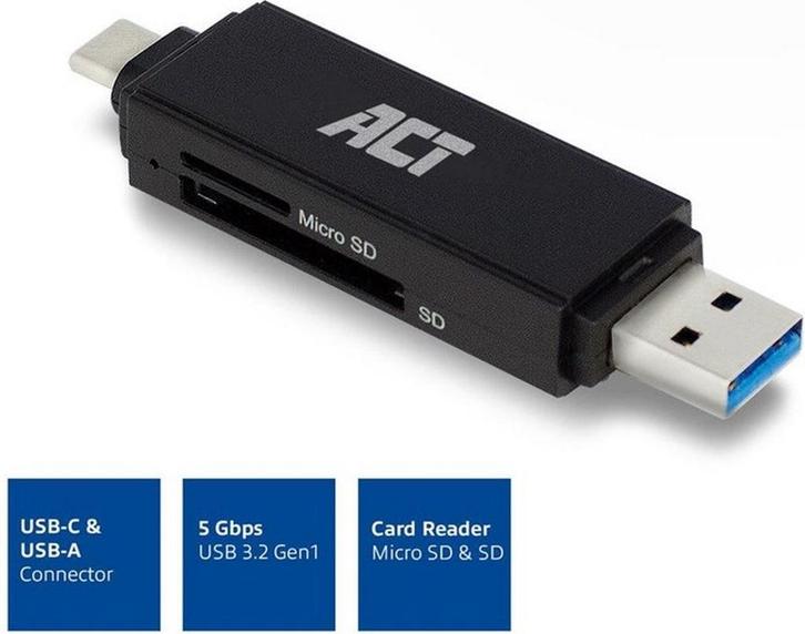 ACT USB 3.2 Card Reader SD/Micro SD USB-C Or USB-A Black, Audio, Tv en Foto, Fotografie | Geheugenkaarten, Nieuw, Ophalen of Verzenden