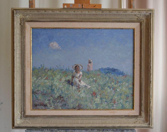 Chris van Dijk (1952) - Impressionist  Femme avec un grande, Antiek en Kunst, Kunst | Schilderijen | Klassiek