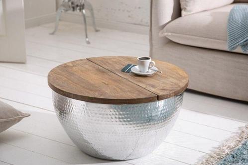 Ronde salontafel ORIENT STORAGE 60cm zilver acaciahout met, Huis en Inrichting, Tafels | Salontafels, Ophalen of Verzenden