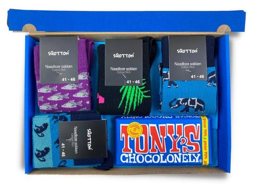Vrolijke sokken met chocolade - Giftbox - Tropical - Blauw, Kleding | Heren, Sokken en Kousen, Verzenden