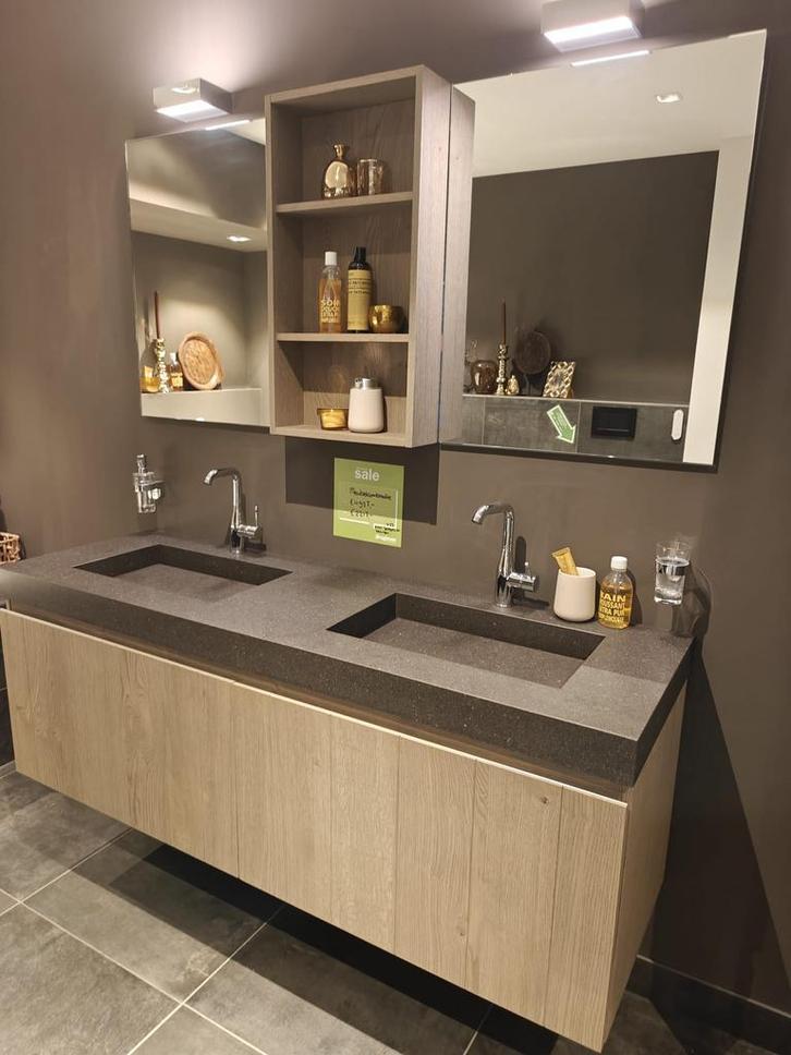 Design badmeubel 160cm echt houtfineer + composiet wast 0033, Huis en Inrichting, Badkamer | Badkamermeubels, Wastafelkast, Nieuw