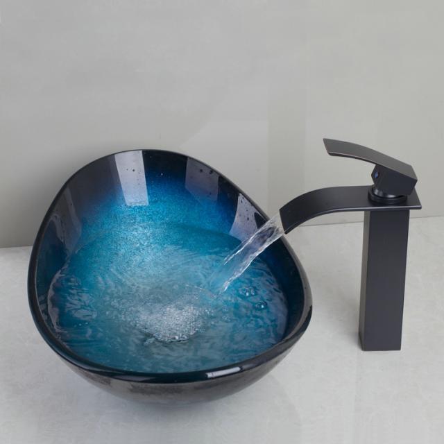 Ovale zwart / blauwe hard glazen waskom inclusief Barre eleg, Doe-het-zelf en Verbouw, Sanitair, Nieuw, Verzenden