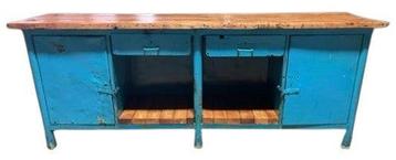 vintage industrial workbench blue with original top