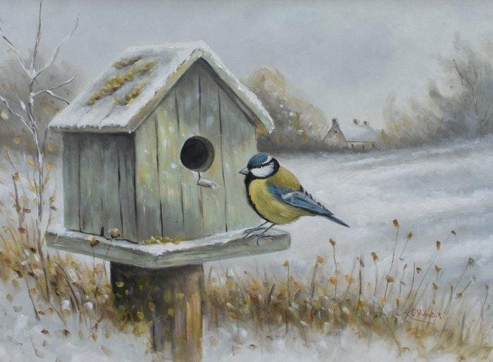 Lodewijk Busing - Pimpelmees op vogelhuis winter, Antiek en Kunst, Kunst | Schilderijen | Modern