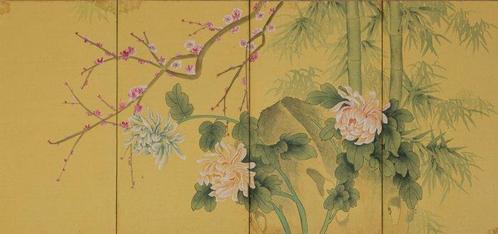 Vouwscherm - Zijde, Gelakt hout, Goudkleurig metaal - China, Antiek en Kunst, Antiek | Overige Antiek