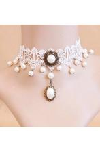 Choker Wit Kant Kettinkjes 2 Lolita Witte Kanten Collar Kett, Kunststof, Verstelbaar, Wit, Nieuw