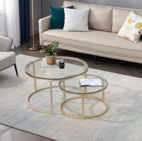 2-in-1 Ronde Glazen Salontafel Set – Goud – 80cm of 60cm, Huis en Inrichting, Tafels | Salontafels, 50 tot 100 cm, Nieuw, Glas