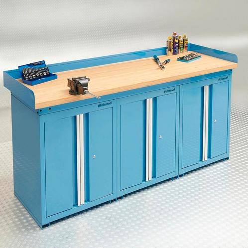 Datona Werkbank PRO bamboe - 3 opbergkasten - 200 cm - blauw, Doe-het-zelf en Verbouw, Werkbanken, Nieuw, Ophalen of Verzenden