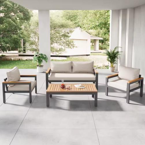 Tuinmeubelset: Acacia Tafelblad, Stalen Frame, Beige Kussens, Tuin en Terras, Tuinbanken, Nieuw, Verzenden