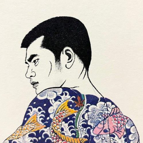 Een man die een rood lendendoek draagt - Lithografie Mishima, Antiek en Kunst, Antiek | Overige Antiek