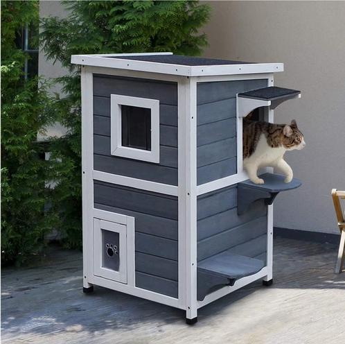 2-laags Houten Kattenhuis –Met Trap, Deuren en Weerbestendig, Dieren en Toebehoren, Kattenmanden, Nieuw, Verzenden