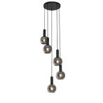 Art Deco hanglamp zwart met smoke glas rond 5-lichts - Josje, Nieuw, Glas, Art Deco, Minder dan 50 cm