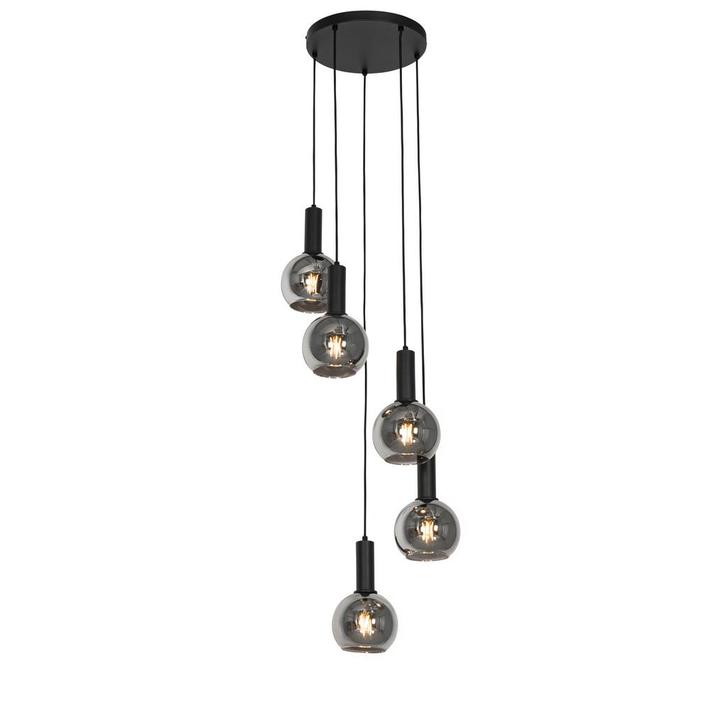 Art Deco hanglamp zwart met smoke glas rond 5-lichts - Josje, Huis en Inrichting, Lampen | Hanglampen, Nieuw, Glas, Minder dan 50 cm