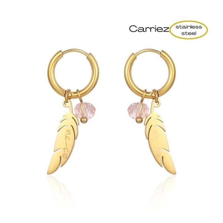 Gouden of zilveren oorringen met een veer en roze kraal- sta, Sieraden, Tassen en Uiterlijk, Oorbellen, Nieuw, Verzenden