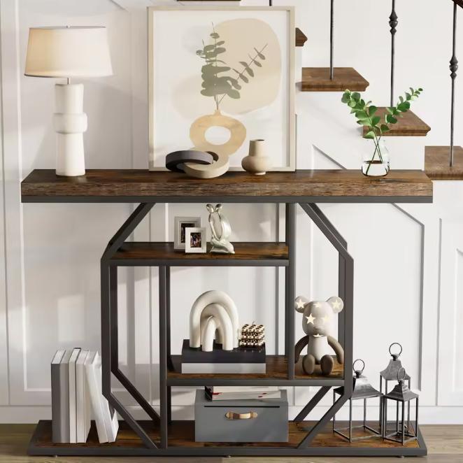 Luxe Landelijke Consoletafel Vintage Hout en Zwart Metaal, Antiek en Kunst, Antiek | Meubels | Tafels, Verzenden