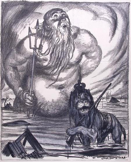 Overstroming in Nederland op Spotprent (lijst optie), Antiek en Kunst, Kunst | Litho's en Zeefdrukken, Verzenden