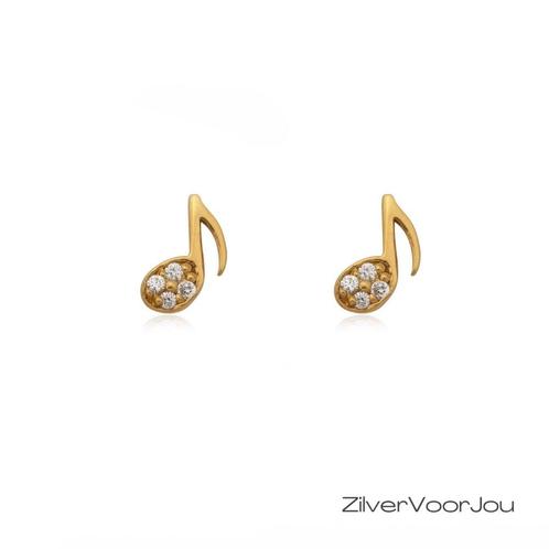Gold plated 925 zilveren muzieknoot oorstekers met witte zir, Sieraden, Tassen en Uiterlijk, Oorbellen, Nieuw, Verzenden