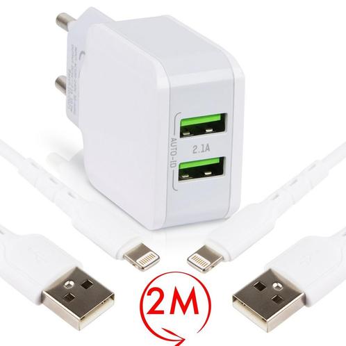 Snellader met Dubbele USB Poort met 2x iPhone Kabel 2 Meter, Telecommunicatie, Mobiele telefoons | Telefoon-opladers, Ophalen of Verzenden