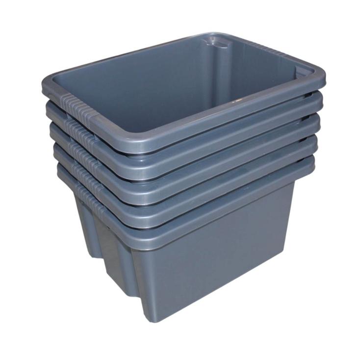 Set 5 Grijze Opbergboxen – Stapelbaar – 32 Liter Inhoud, Doe-het-zelf en Verbouw, Kratten en Dozen, Ophalen of Verzenden