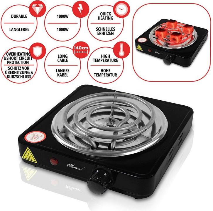 Elektrische Kolenbrander - 1000W - Zwart - Broil-Master, Witgoed en Apparatuur, Kookplaten, Zo goed als nieuw, Verzenden