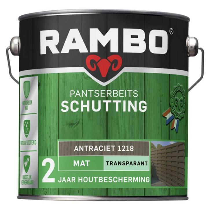 Rambo Pantserbeits Schutting Mat Transparant Antraciet 2.5L, Doe-het-zelf en Verbouw, Verf, Beits en Lak, Beits, Nieuw, Minder dan 5 liter