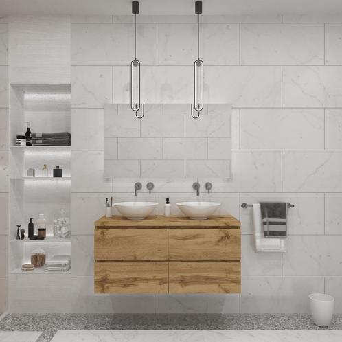 Badkamermeubelset Gliss Zeus 120 cm Natuur Eiken Met Waskom, Doe-het-zelf en Verbouw, Sanitair, Bad, Nieuw, Ophalen of Verzenden