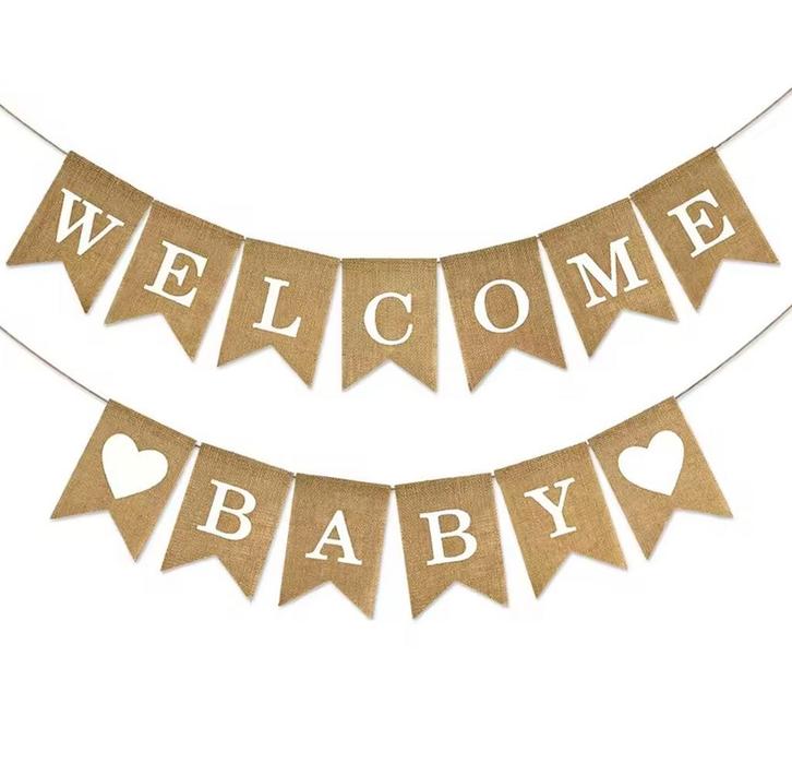 Jute slinger Welcome Baby met 2 harten, Hobby en Vrije tijd, Feestartikelen, Geboorte of Huwelijk, Nieuw, Versiering, Verzenden