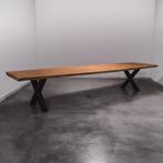 Boomstamtafel, Eettafel 440x108 massief hardhout, metaalpoot, Huis en Inrichting, Overige houtsoorten, Robuust Modern, 100 tot 150 cm