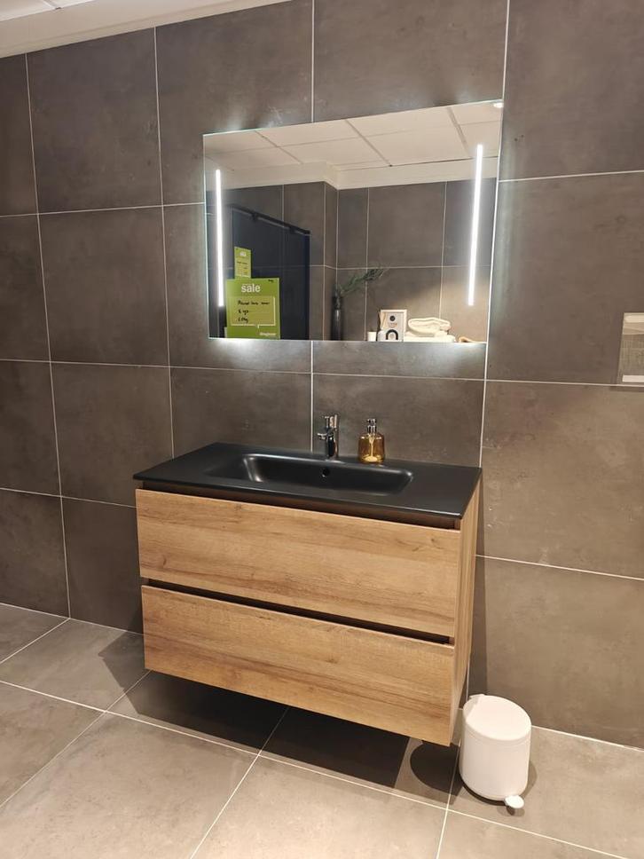 Badmeubel 100cm met zwarte wastafel, kraan en spiegel 0023, Huis en Inrichting, Badkamer | Badkamermeubels, 25 tot 50 cm, Nieuw