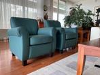 leren fauteuils met houten poten - blauw leer - Echt leer,, Klassiek, Nieuw, Ophalen of Verzenden, 75 tot 100 cm