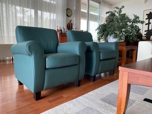 leren fauteuils met houten poten - blauw leer - Echt leer,, Huis en Inrichting, Fauteuils, 75 tot 100 cm, 75 tot 100 cm, Nieuw