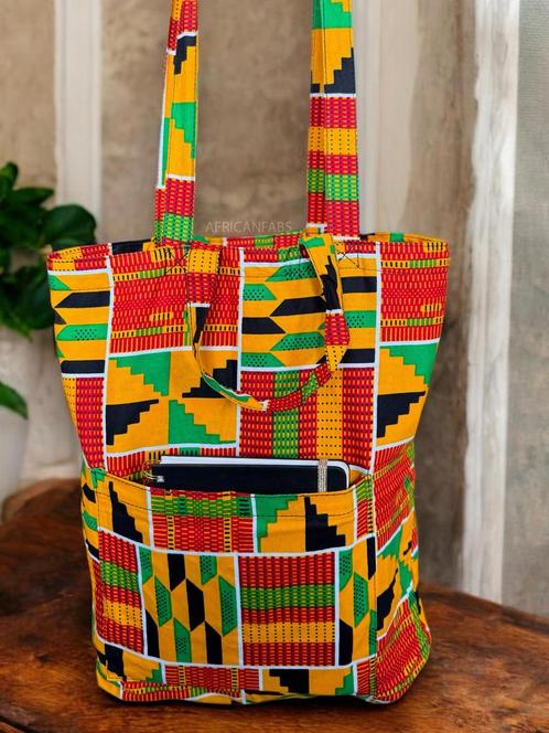 Shopper tas met Afrikaanse print - Geel Groene Kente - Herbr, Hobby en Vrije tijd, Stoffen en Lappen, Nieuw, Ophalen of Verzenden