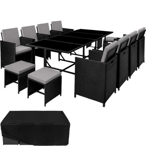 Wicker zitgroep Palma 8+4+1 met beschermhoes - zwart / grijs, Tuin en Terras, Tuinsets en Loungesets, Verzenden