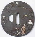 Tsuba (235g) - Maanverlichte Landschap met Geleerden, Kranen, Antiek en Kunst