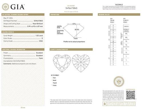 1 pcs Diamant (Natuurlijk) - 1.02 ct - Hart - E - VVS2 -, Sieraden, Tassen en Uiterlijk, Edelstenen