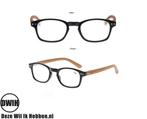Leesbril op sterkte, houtlook pootjes, zwart frame, Nieuw