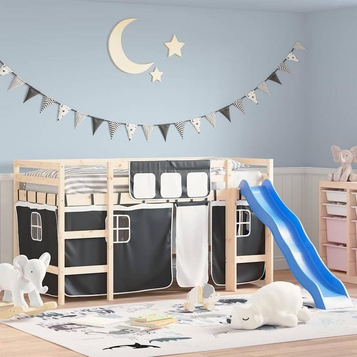 vidaXL Gordijnen voor hoogslaper polyester wit en zwart, Huis en Inrichting, Slaapkamer | Bedden, Zwart, Nieuw, Verzenden